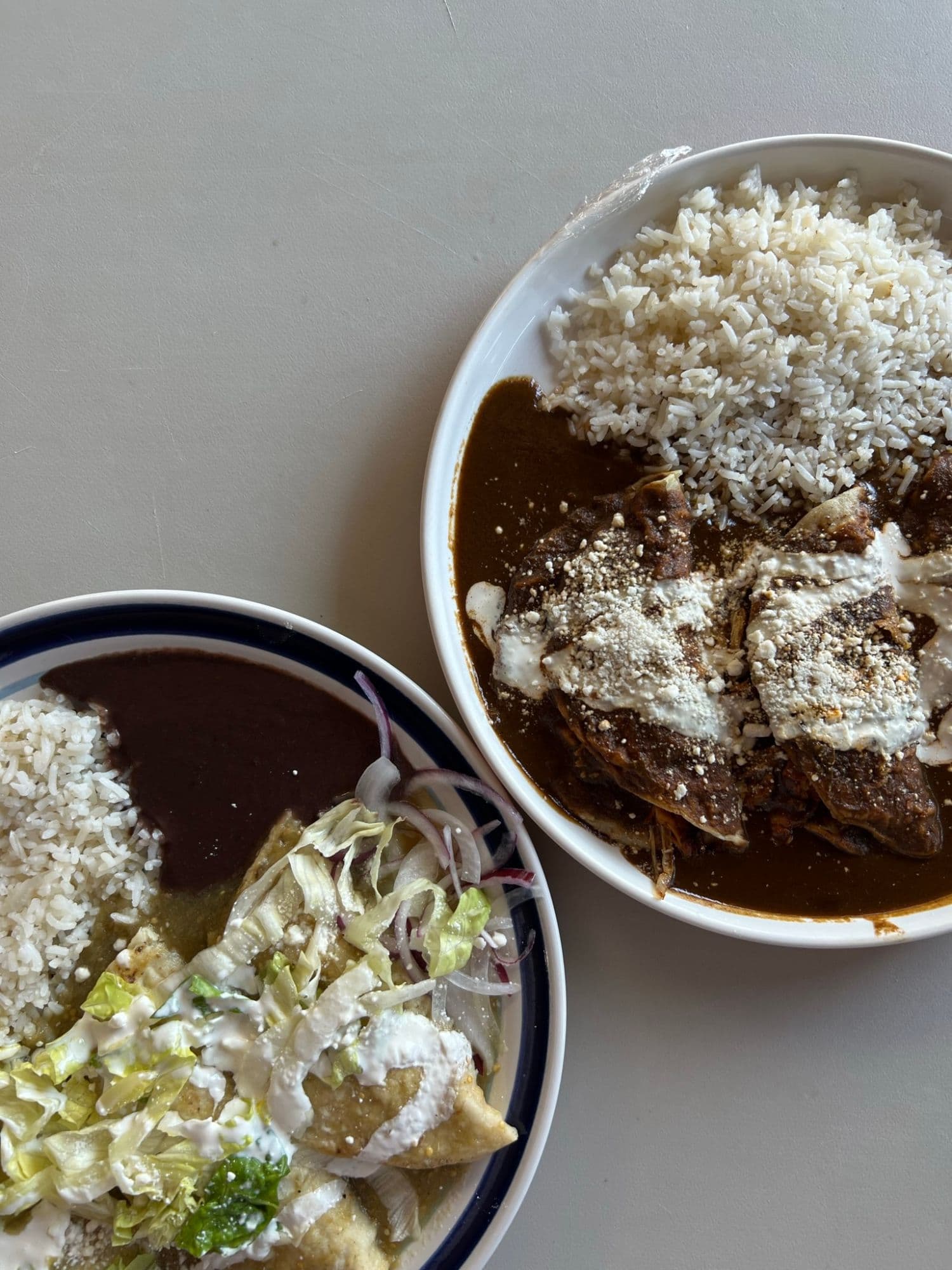 A plate of mole enchiladas with rice in Mexico
