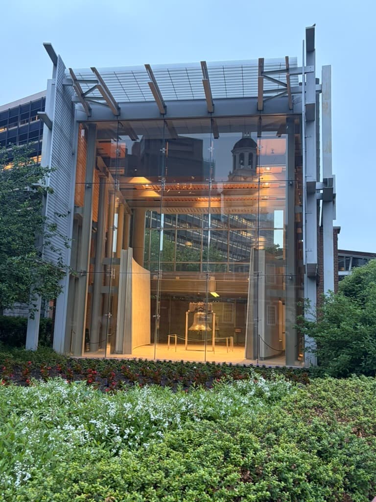 The Liberty Bell displayed behind glass in Philadelphia