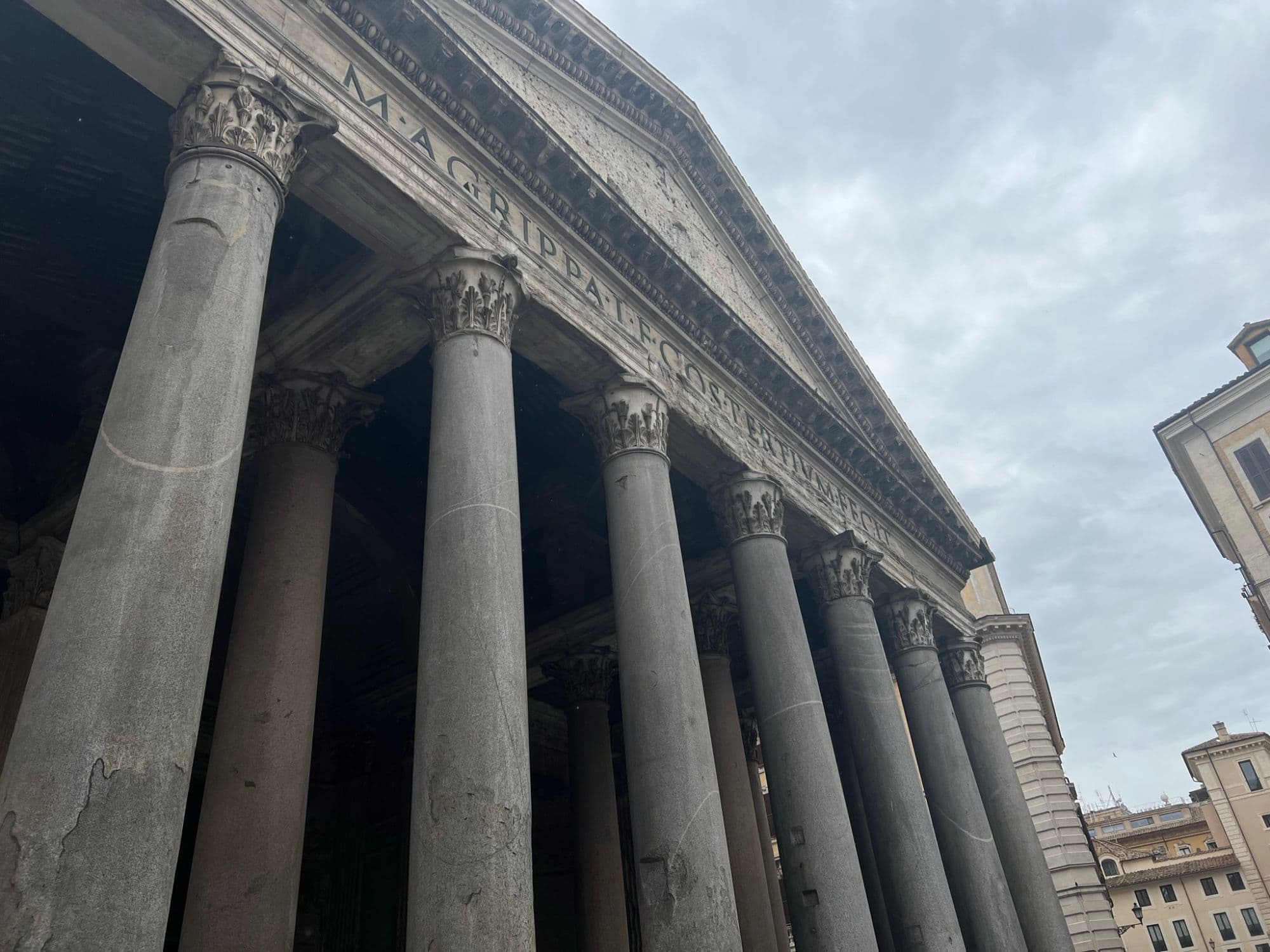 Looking up at the columns of the Pantheon in Rome