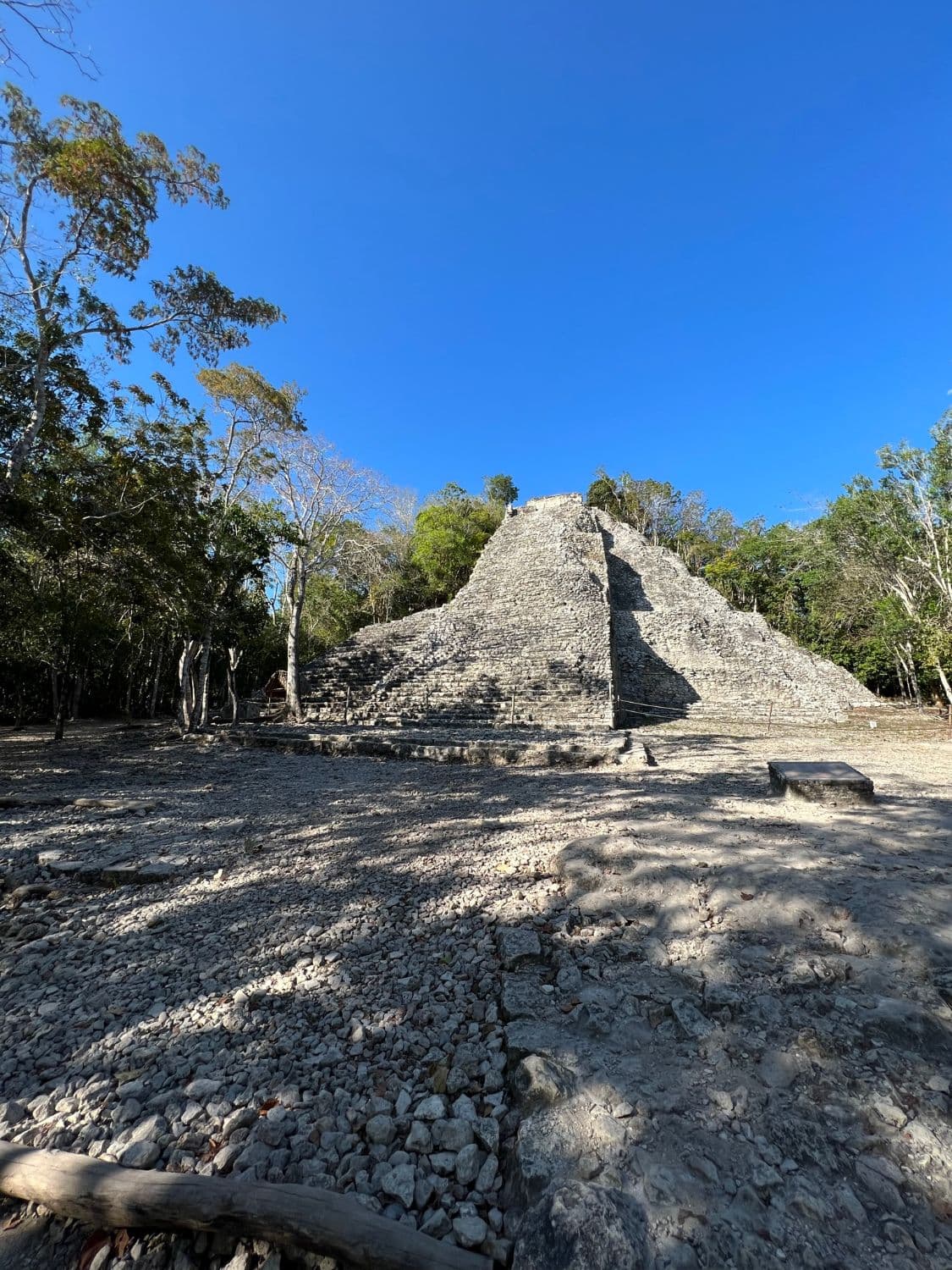 The stone pyramid at the Coba ruins surrounded by jungle