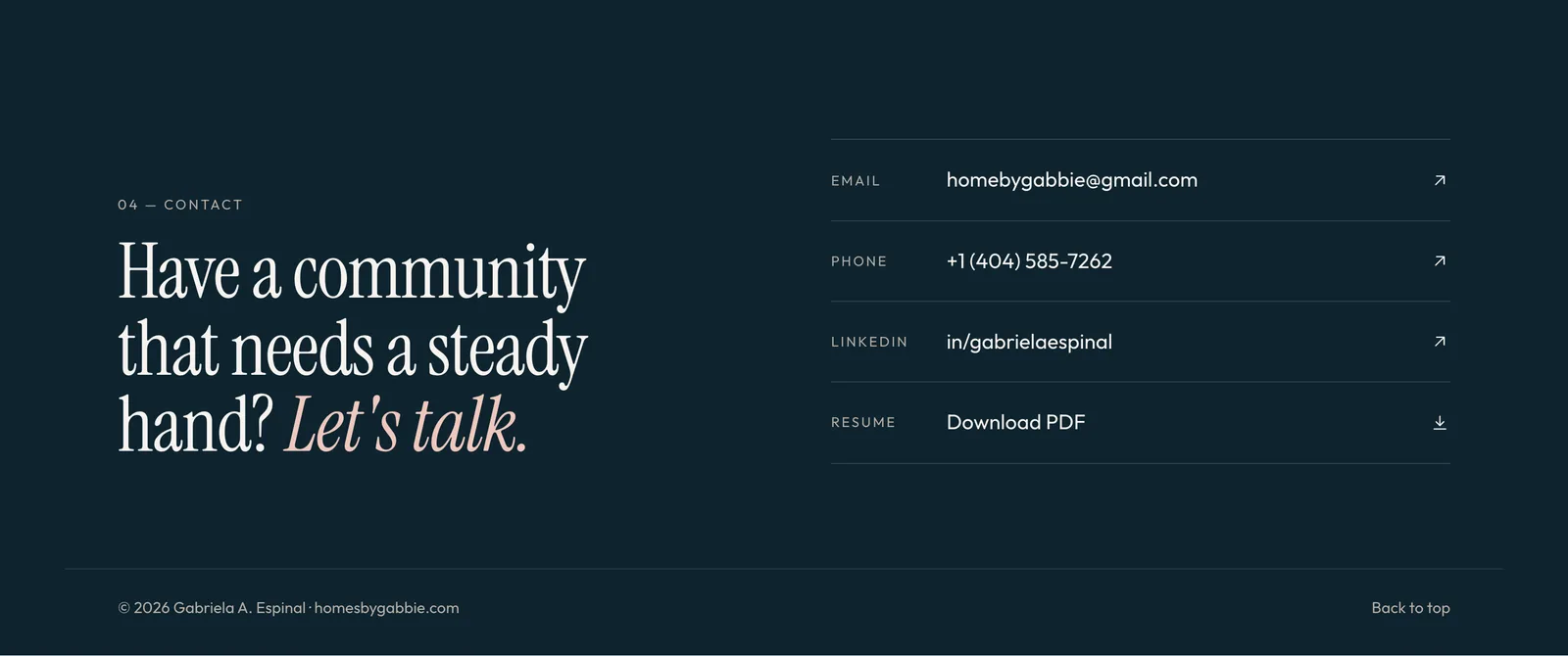 Contact section with email, phone, LinkedIn and resume download