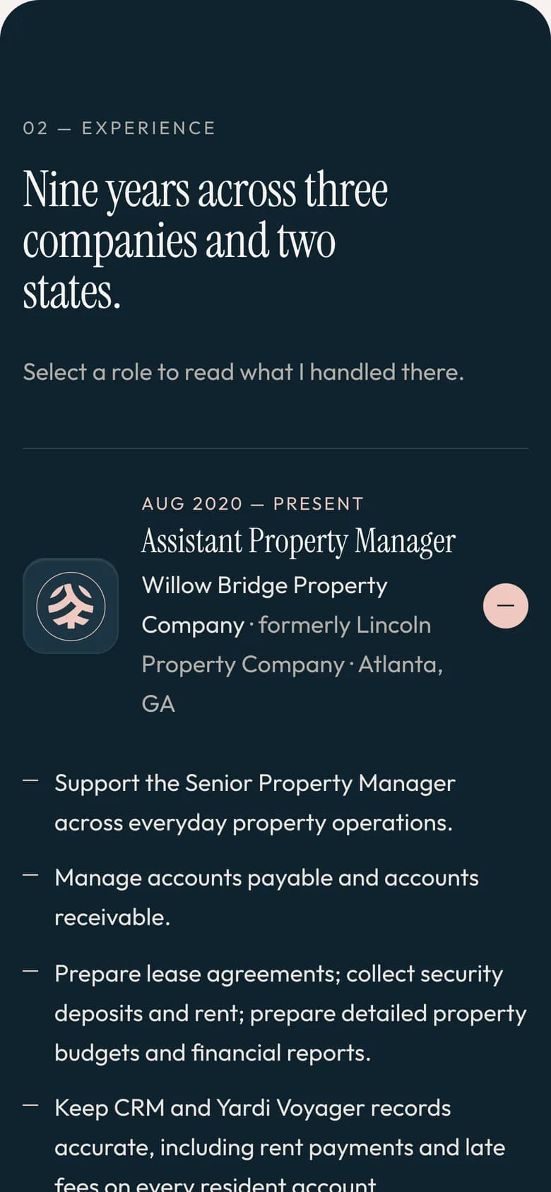 Mobile Experience accordion, first role open