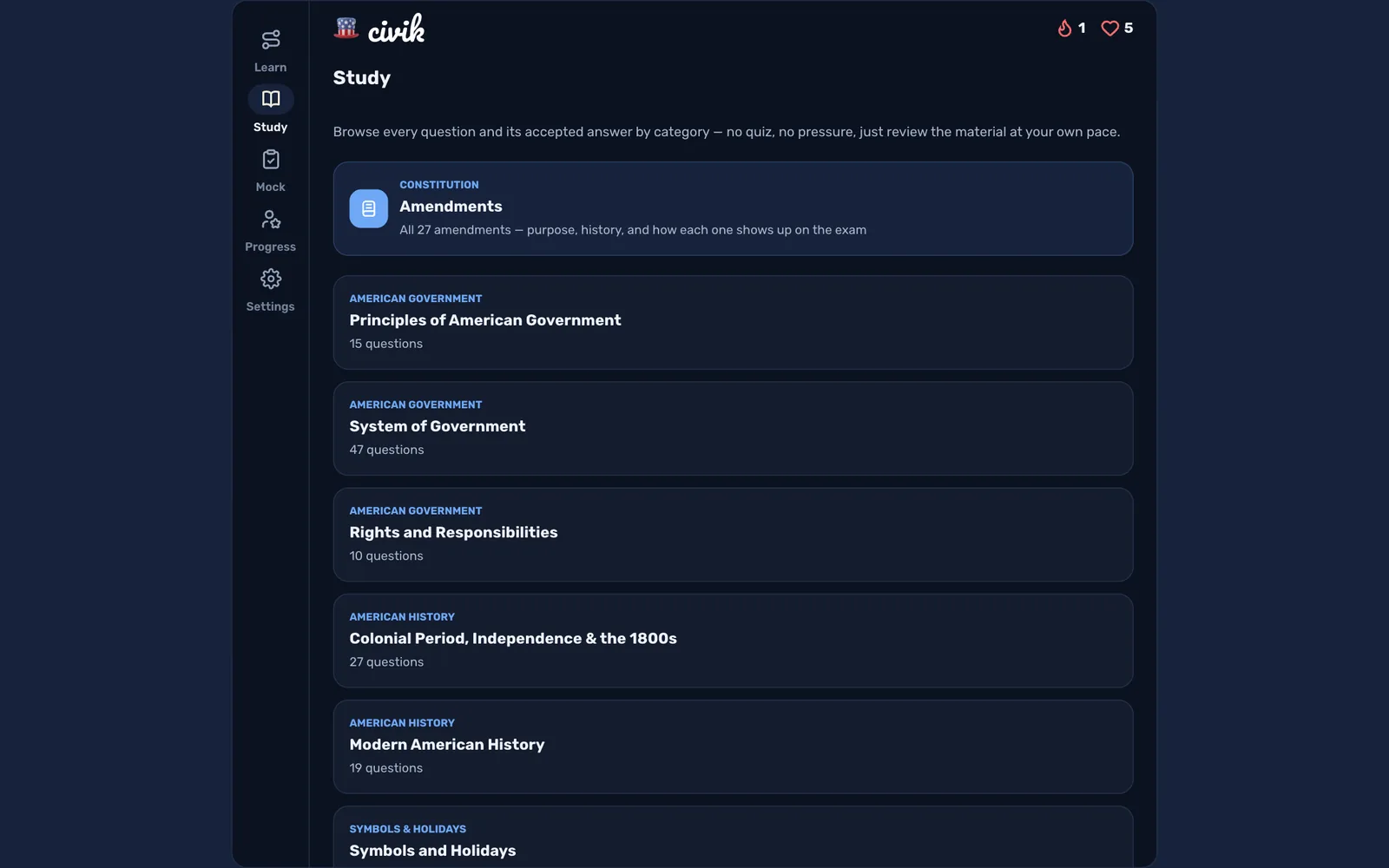 Civik en escritorio: categorías de Estudio