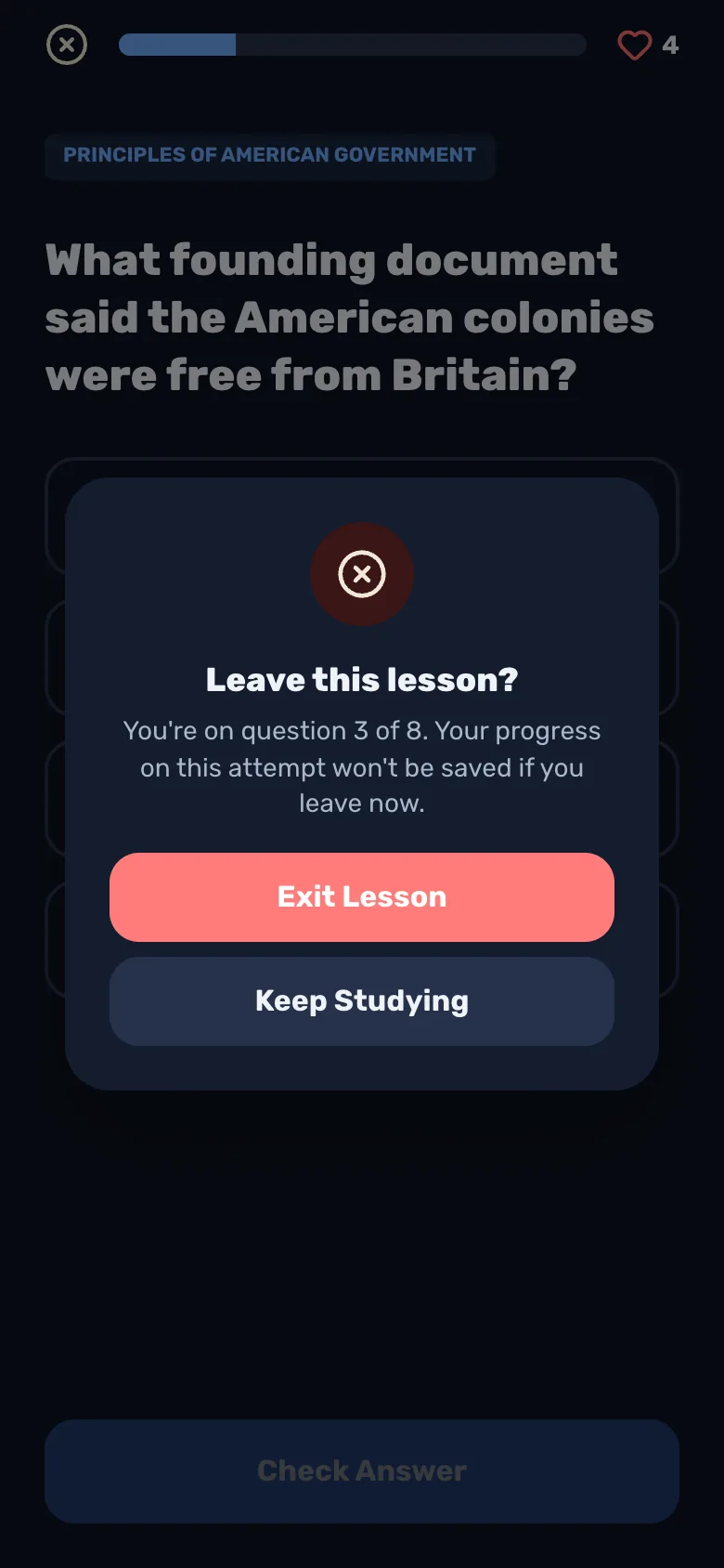 Diálogo ¿Salir de esta lección? con Salir de la lección y Seguir estudiando