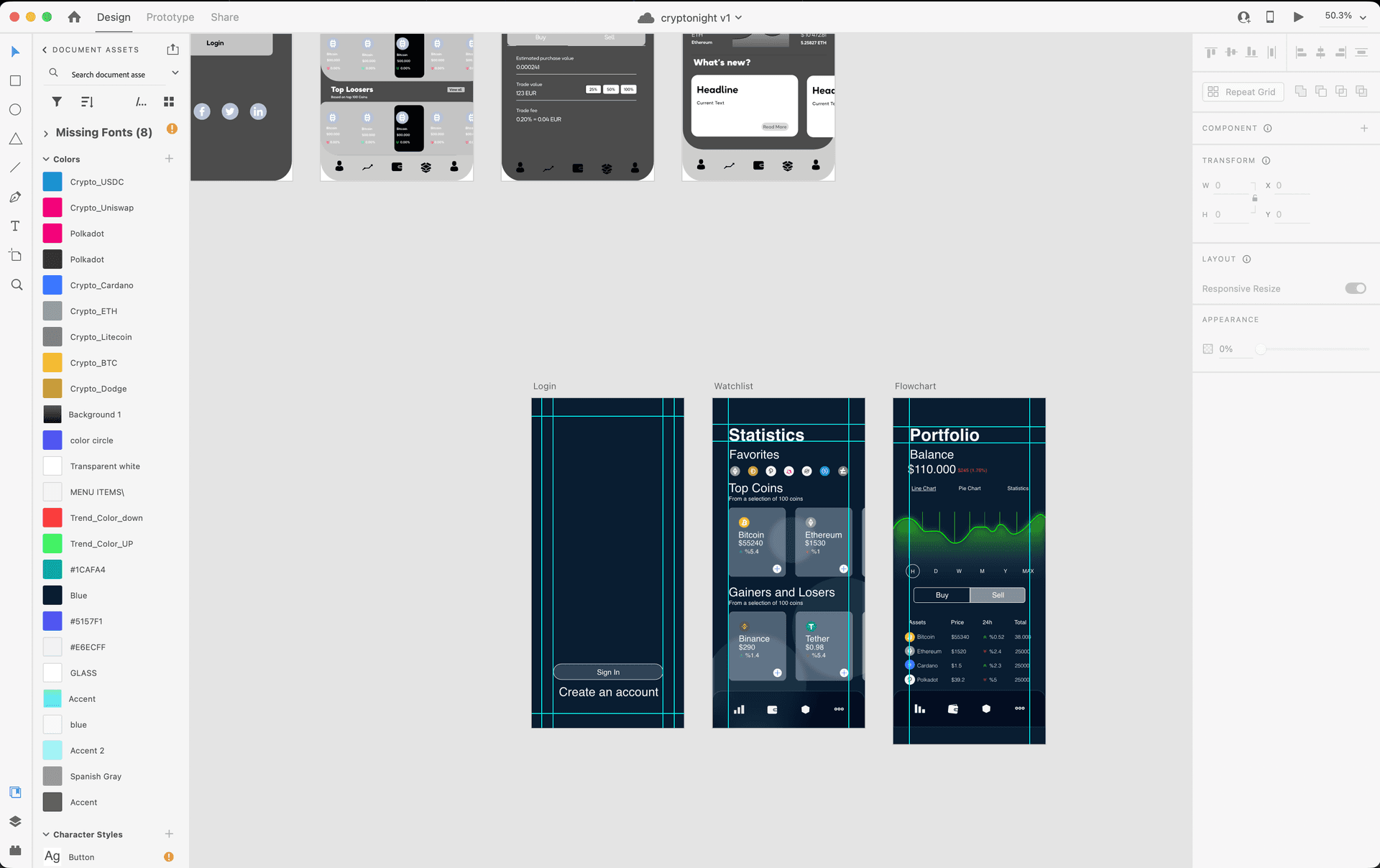 Archivo de Adobe XD de CryptoNight de 2019 con los marcos de Inicio de sesión, Lista de seguimiento y Diagrama de flujo