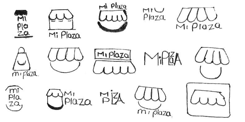 Early hand-drawn logo exploration sketches for Mi Plaza