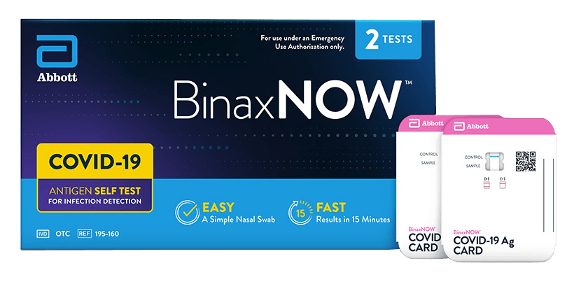 BinaxNOW COVID-19 self test box and test card