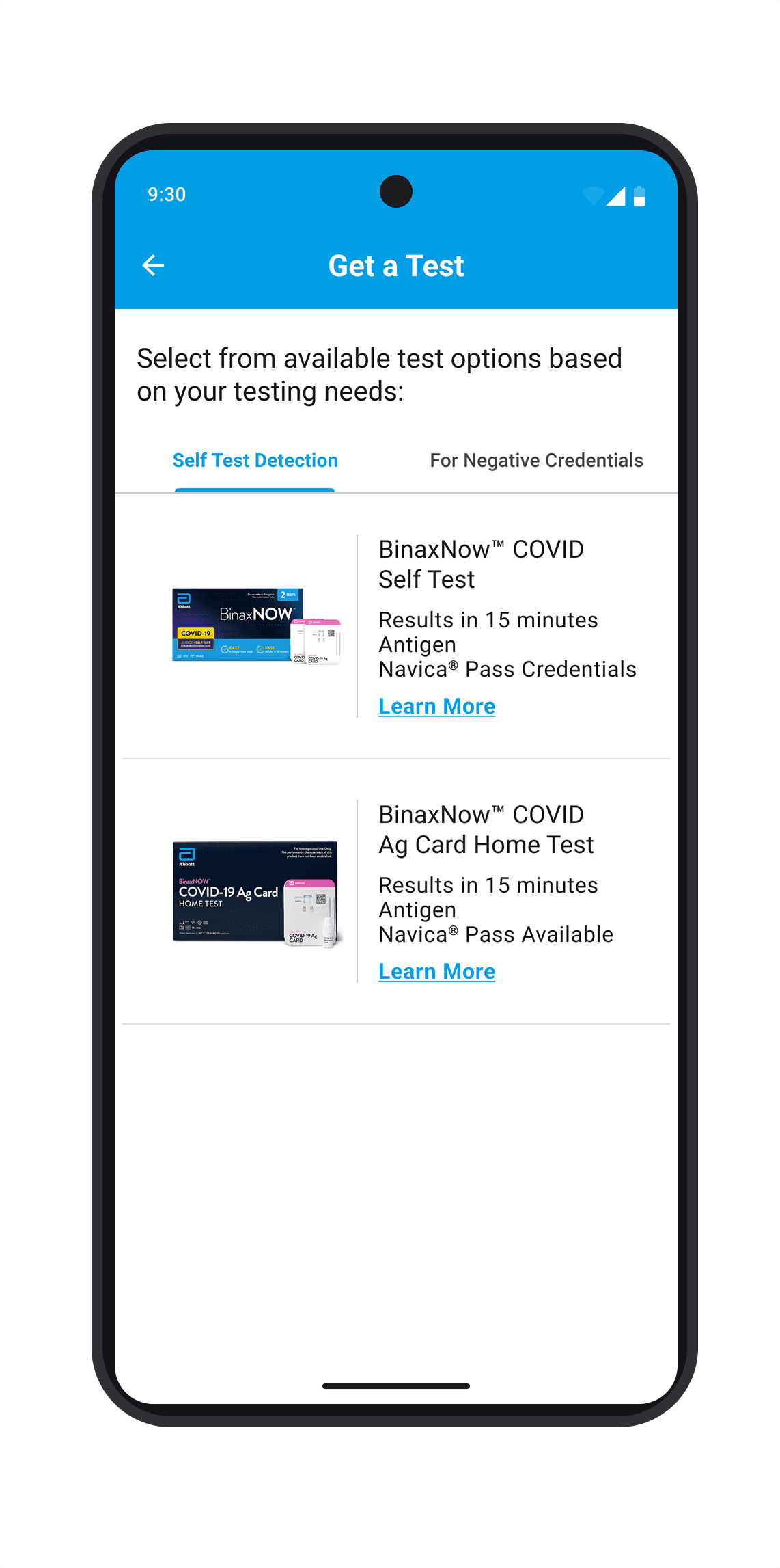 Get a Test screen showing BinaxNOW test options