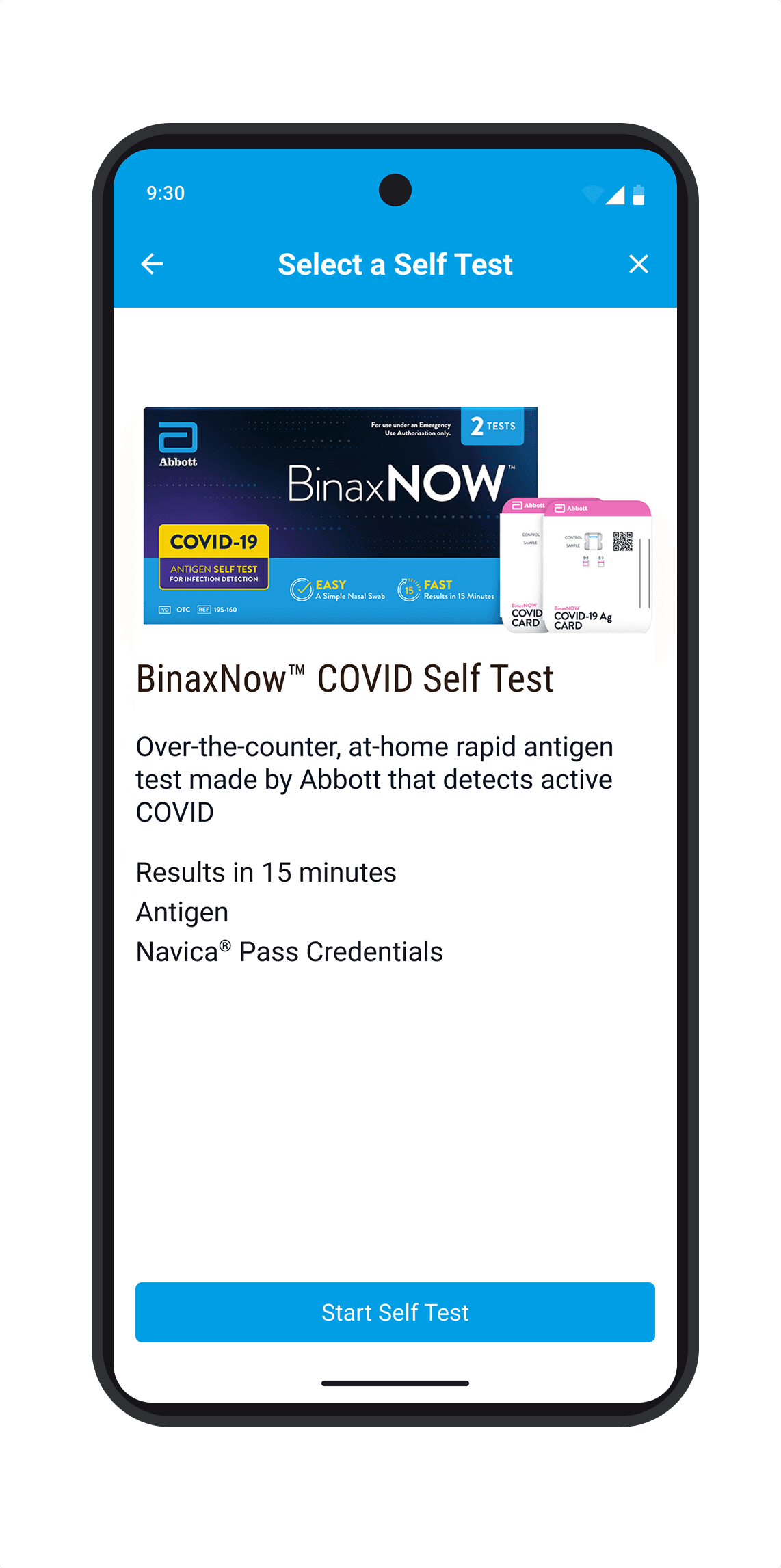 Test detail screen with a Start Self Test button