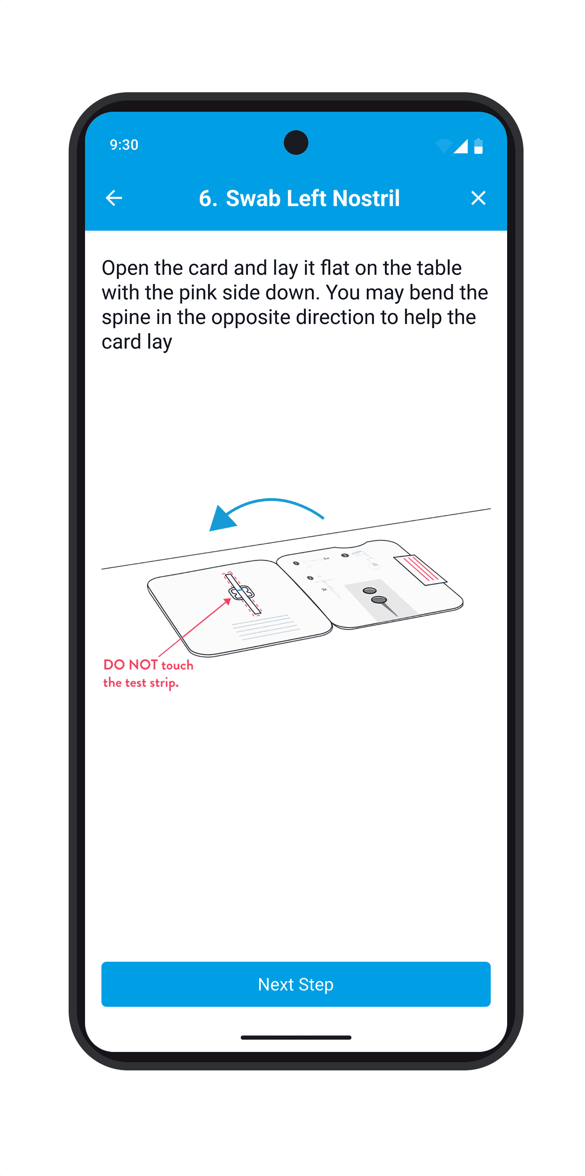 Guided instructions to open the test card without touching the strip