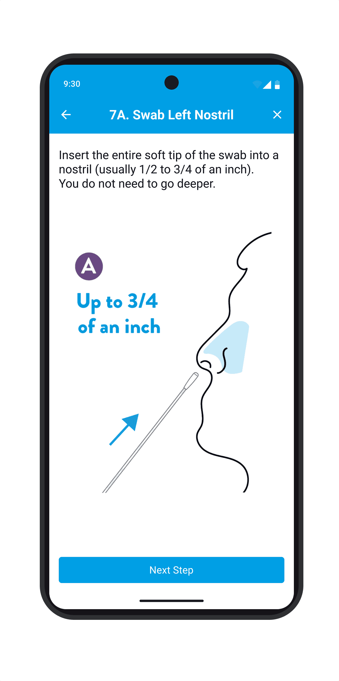 Guided instructions showing swab insertion depth