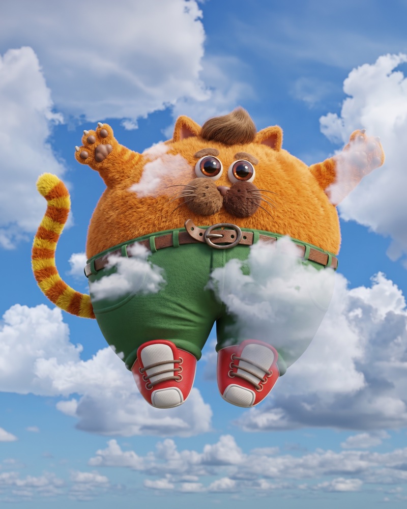 AI-rendered 3D version of Fluffy, the same floating cat, arms outstretched