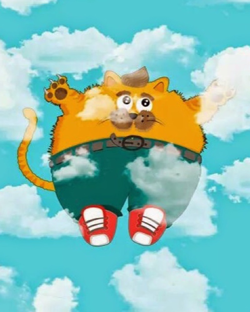 Original flat vector illustration of Fluffy, a chubby cat floating through clouds