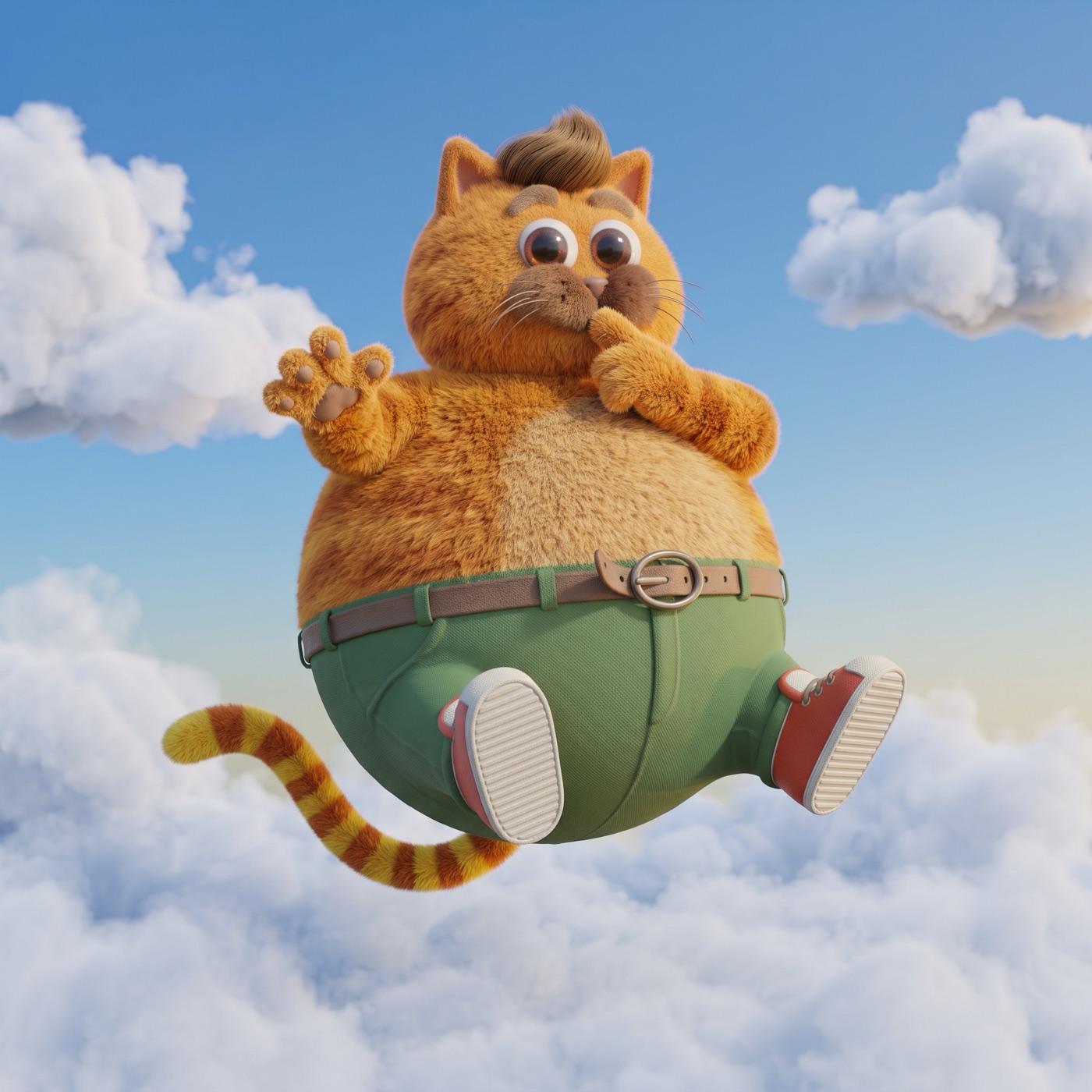 Close-up detail of the AI-rendered Fluffy in an alternate pose, one paw near its whiskers, showing rendered fur and cloud texture