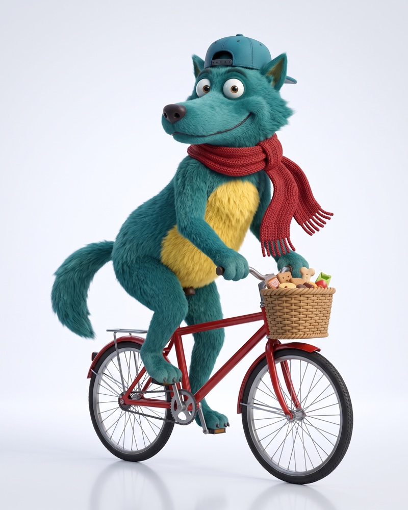 AI-rendered 3D version of Franky, the same wolf on a bicycle, same scarf and cap