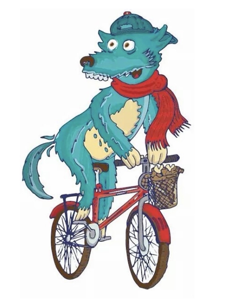 Original flat illustration of Franky the wolf riding a bicycle with a snack basket