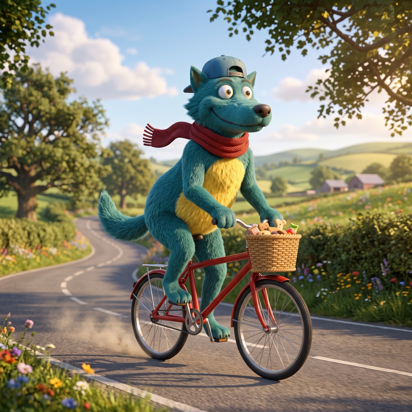 The AI-rendered Franky riding his bicycle down a country road, full scene with trees and rolling hills